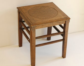 Vintage French Wood Stool, Side Table,Plant Stand, Carved Top