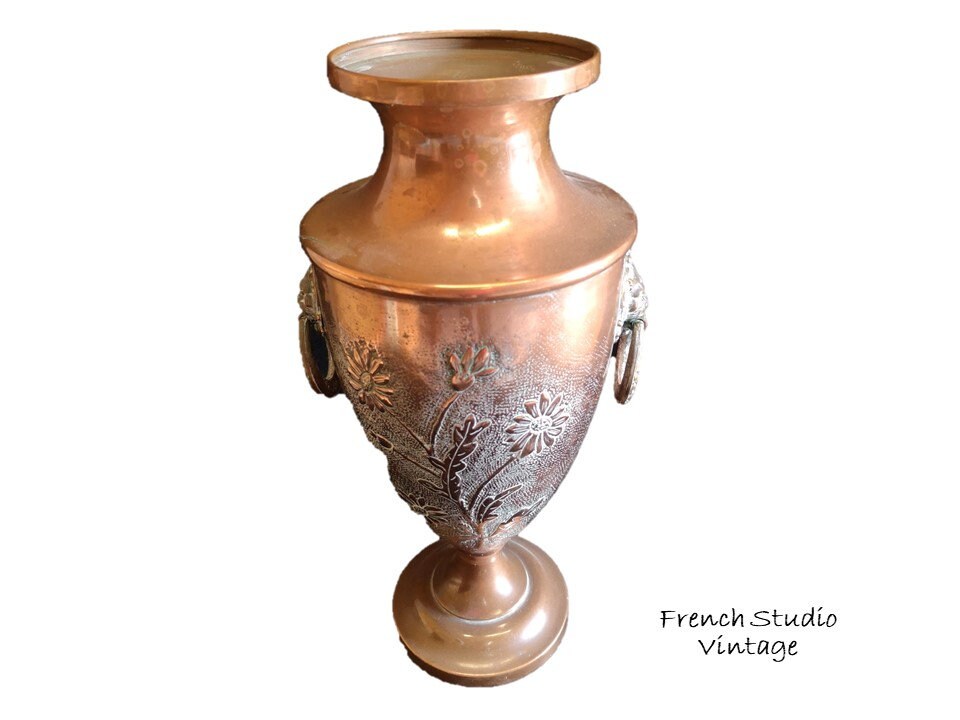 Vintage Français Cuivre Vase Pichet Tête de Lion Poignée Relief Fleurs Home Decor Display Cadeau/stu