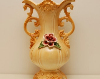 Vintage Large Ceramic Vase Made In Italy 3D Rose Relief Rise Home Interior Decor/ French Studio Vintage