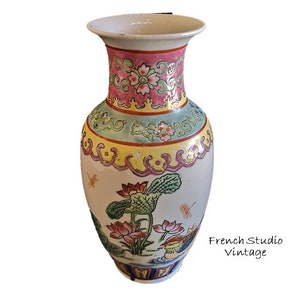 Vintage Chinese Famille Rose Vase Hand Painted Flowers Asian Art Oriental Decor Display Replica/ French Studio Vintage