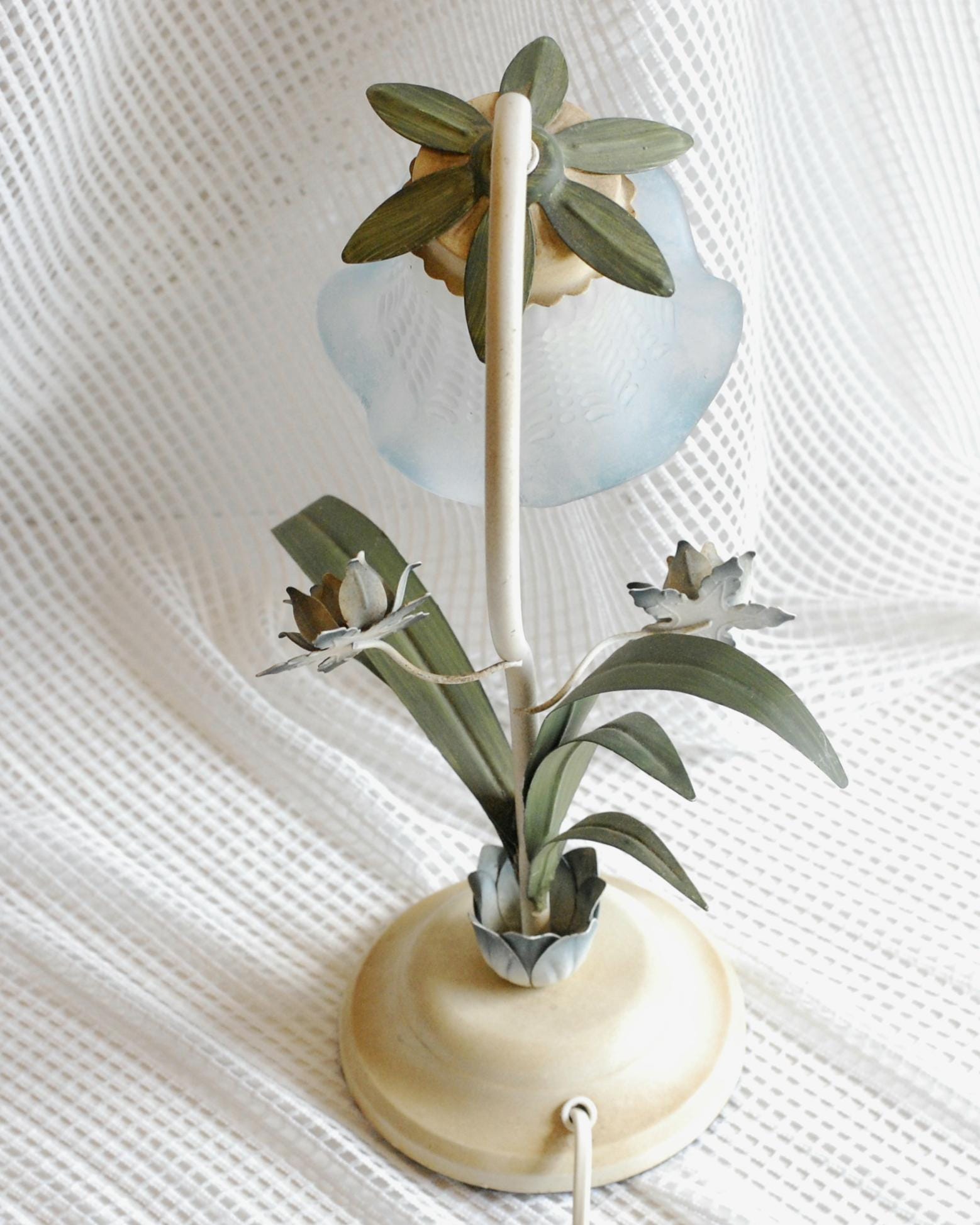 Vintage French Table Lamp: Floral Metal Base, Blue Glass Shade - Etsy