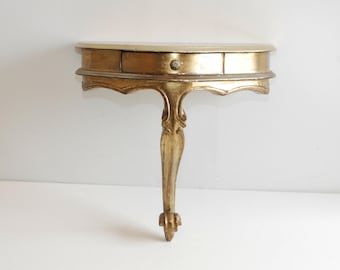 Aplique dorado florentino francés vintage, consola de pared de madera con cajón