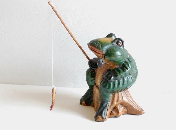 Vintage French Wood Frog Fishing Figurine Folk Art Ornaments Display/  French Studio Vintage 