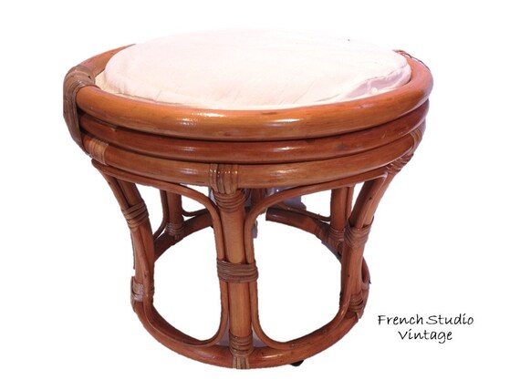 Vintage Bamboo Stool Side Table Chair With Cushion Bohemian Cane