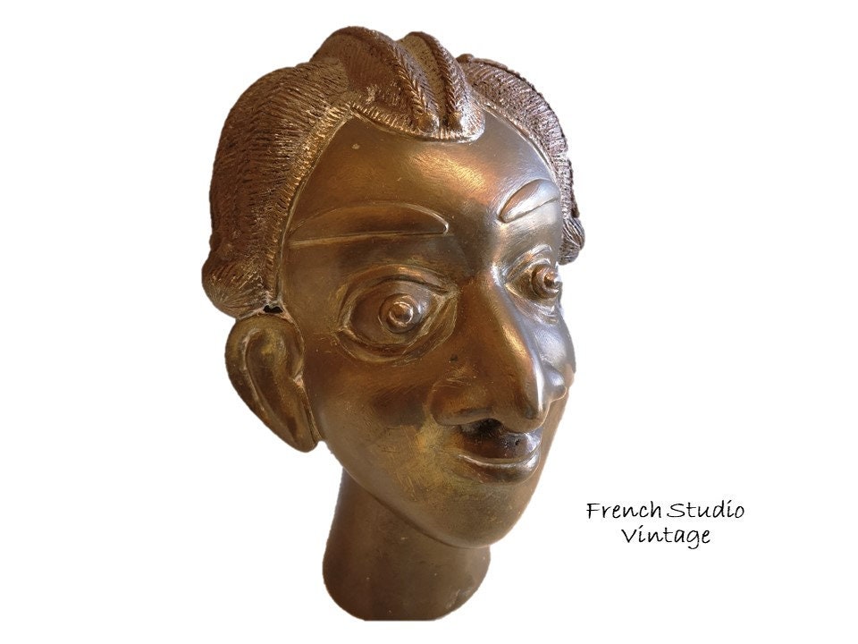 Vintage Buste en Laiton Figurine Statue avec Visage Souriant Ornements Affichage Cadeau/Français Stu