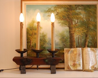 Vintage French Table Lamp,Candle Style Light: Wood & Wrought Iron 3Arms