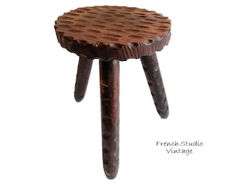 Vintage French Wooden Stool Tripod Small Side Table Chair Plant Stand Display Hand Made Natural Wood  Furniture Decor