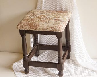 Vintage French Wood Stool, Paufs, Cushioned Seat