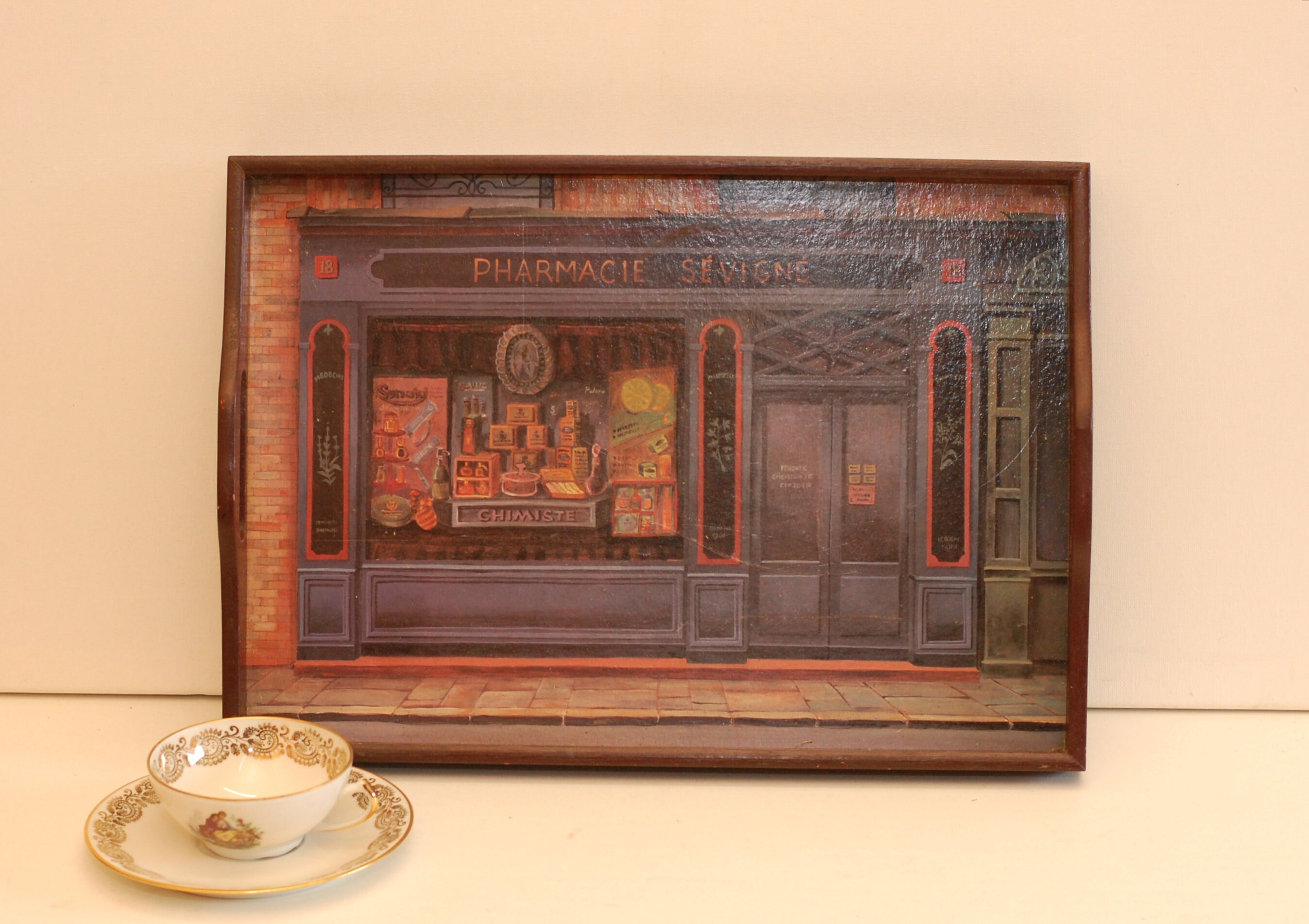 Vintage Français Plateau de Service en Bois avec Poignées Décoratif Imprimé France Street Picture Ki