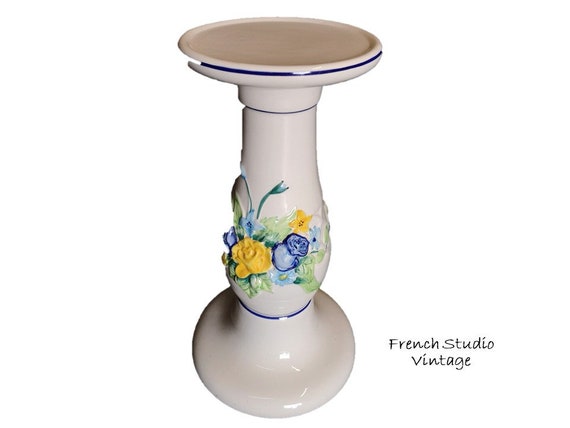 Vintage French Tall Ceramic Plant Stand Pedestal Side Table Relief