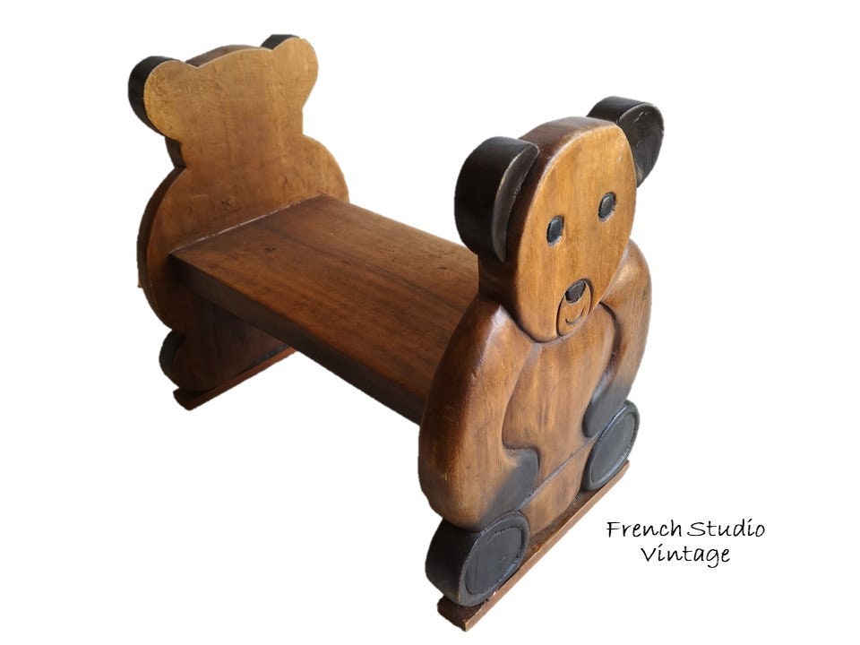 Vintage Wood Kids Tabouret Chaise en Bois Banc Sculpté Teddy Bears Enfant Meubles Affichage Cadeau/F