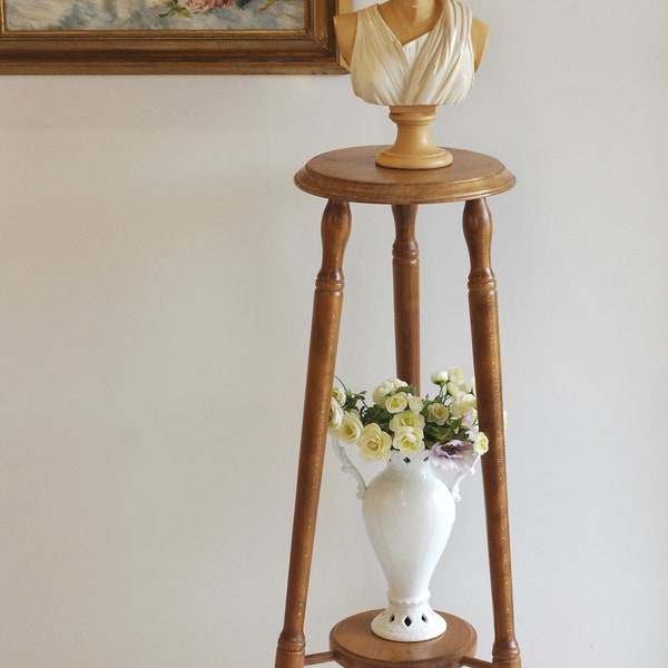 Vintage French Wood Stool Plant Stand Side Table Tall Pedestal 2 Tier 32"Natural Wood Furniture