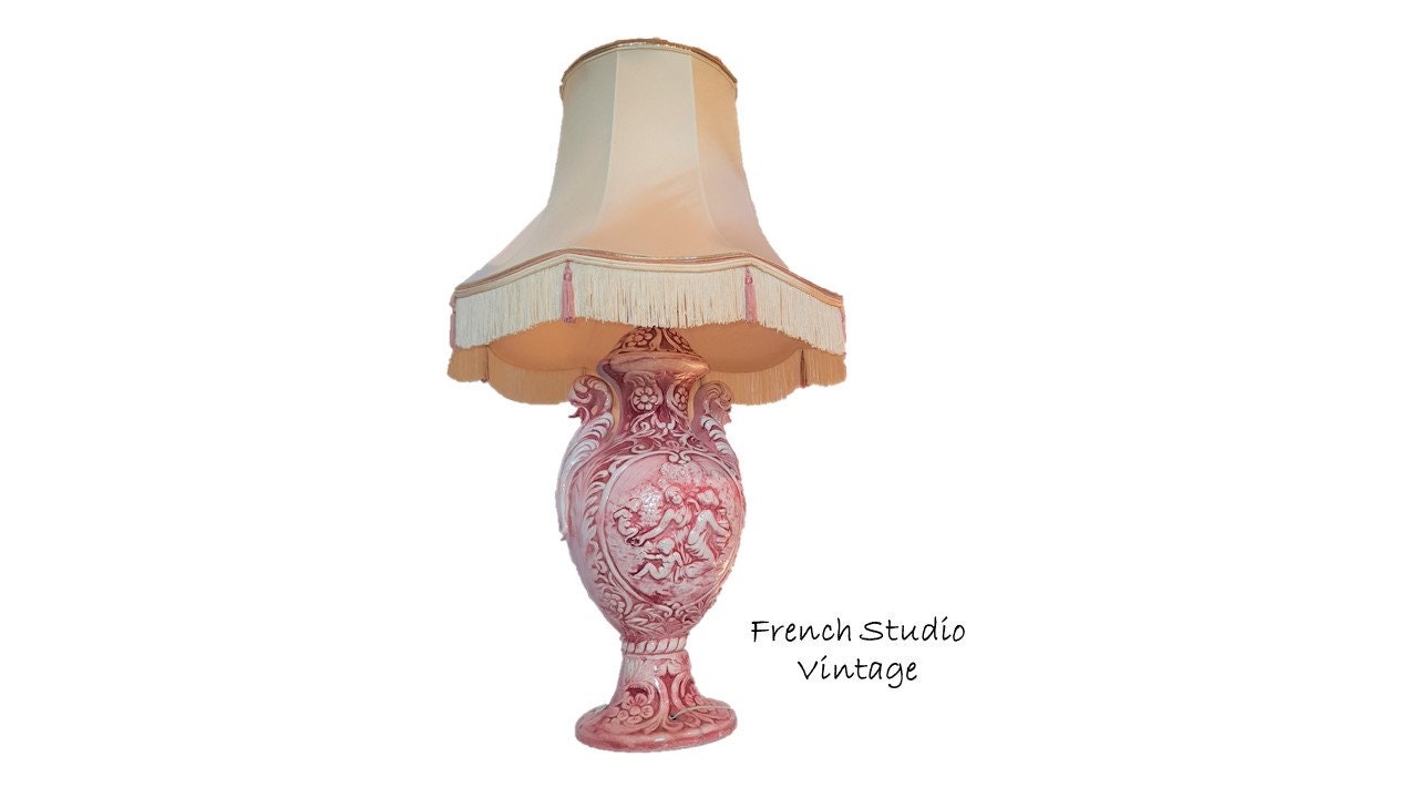 Vintage Français Ceramic Table Lampe Rose Céramique Lumière Art Nouveau Relief Patton Abat-Jour Fran