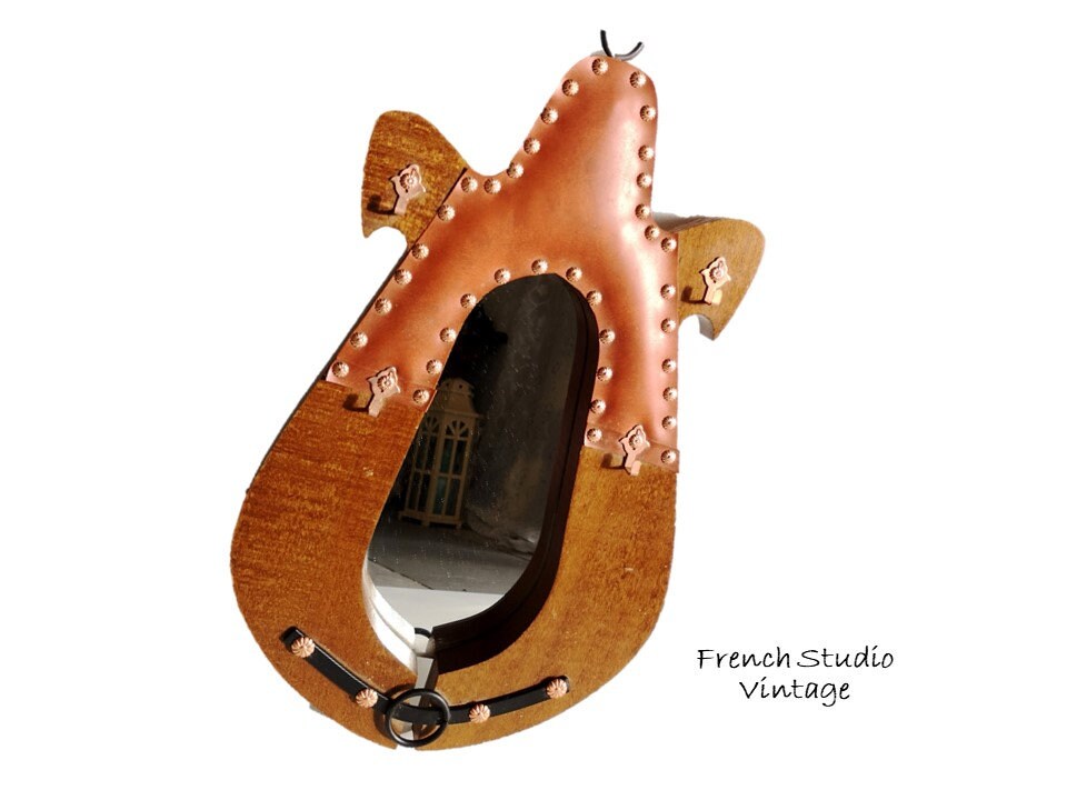 Vintage Français Miroir en Bois Charrue Collier de Cheval Forme Mural avec Crochets Décor Affichage 