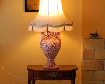 Vintage French Ceramic Table Desk Lamp Pink  Light Art Nouveau Relief Patton Fringed Lampshade French Chateau Decor/ French Studio Vintage