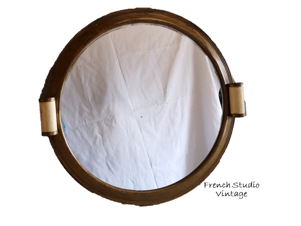 Vintage Français Mirror Tray avec Poignée Bois Plateau de Service Art Decor Mid Century Trinket Stor