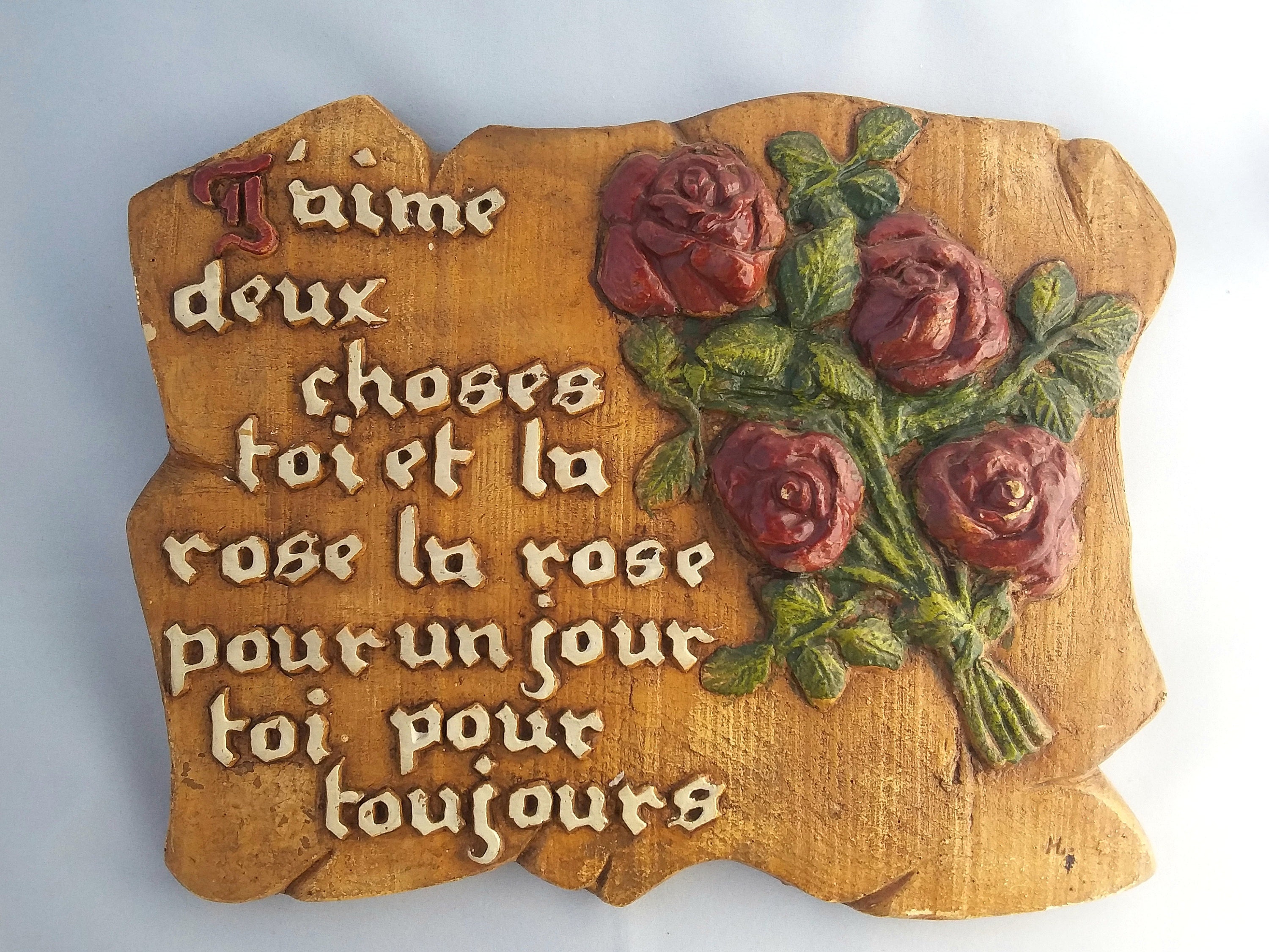 Vintage Français Résine Plaque Murale Peinture Romantique avec Relief Rose Signé Par Artiste Cadeau 