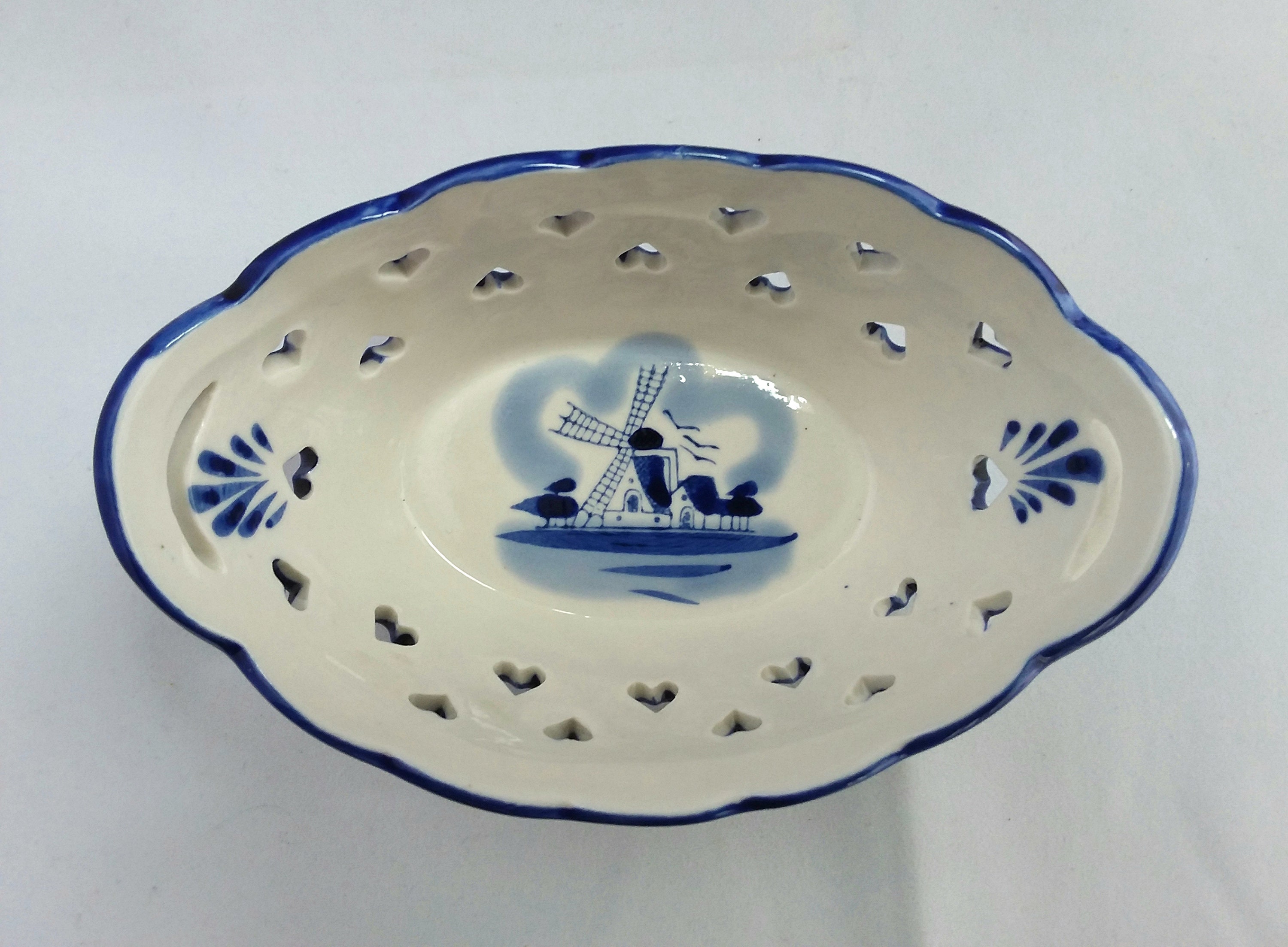 Vintage Holland Hand Painted Ceramic Bowl Trinket Storage Bleu et Blanc Moulin à Vent Motif Home Dec