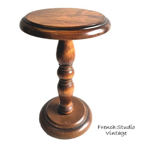 Vintage French Wood Side Table Display Pedestal Plant Ornaments Stand With Turned Column shops Base Heavy Natural Wood Furniture Home Decor
