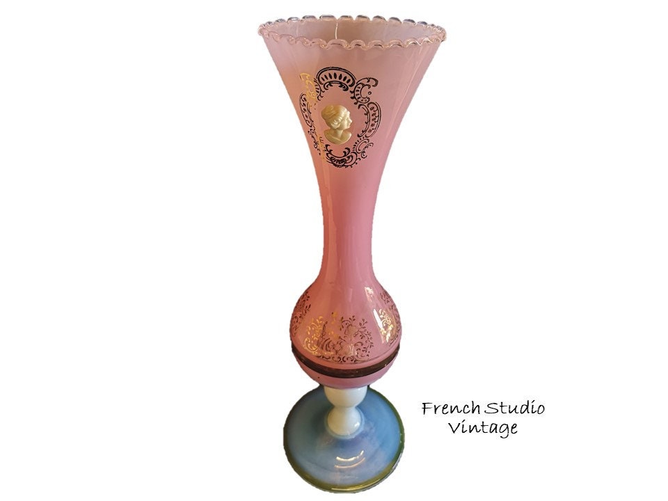 Vintage Français Rose Opaline Verre Vase Relief Lady Portrait Chic Home Art Décor Affichage Cadeau/s