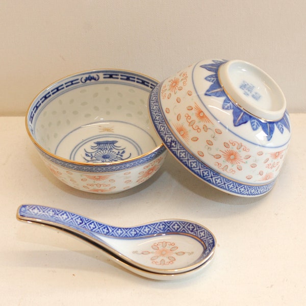 Vintage Chinese Pair Porcelain Bowls and Spoons Soup Rice Bowl Rice Grain Blue White Oriental Decor / French Studio Vintage