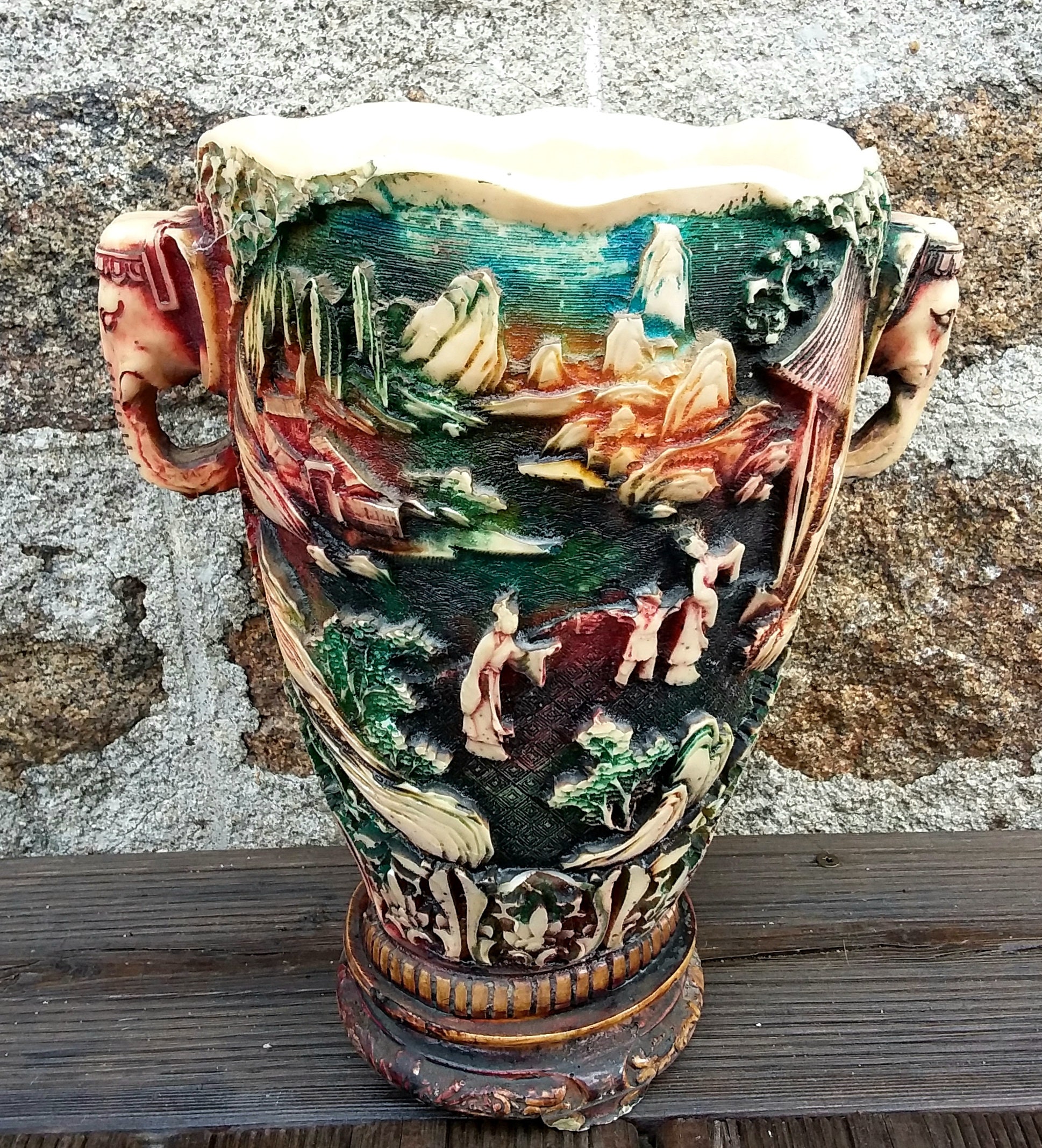 Vintage Grand Vase Sculpté Style Chinois Résine Ornement Affichage Art Oriental Maison Décor/Françai