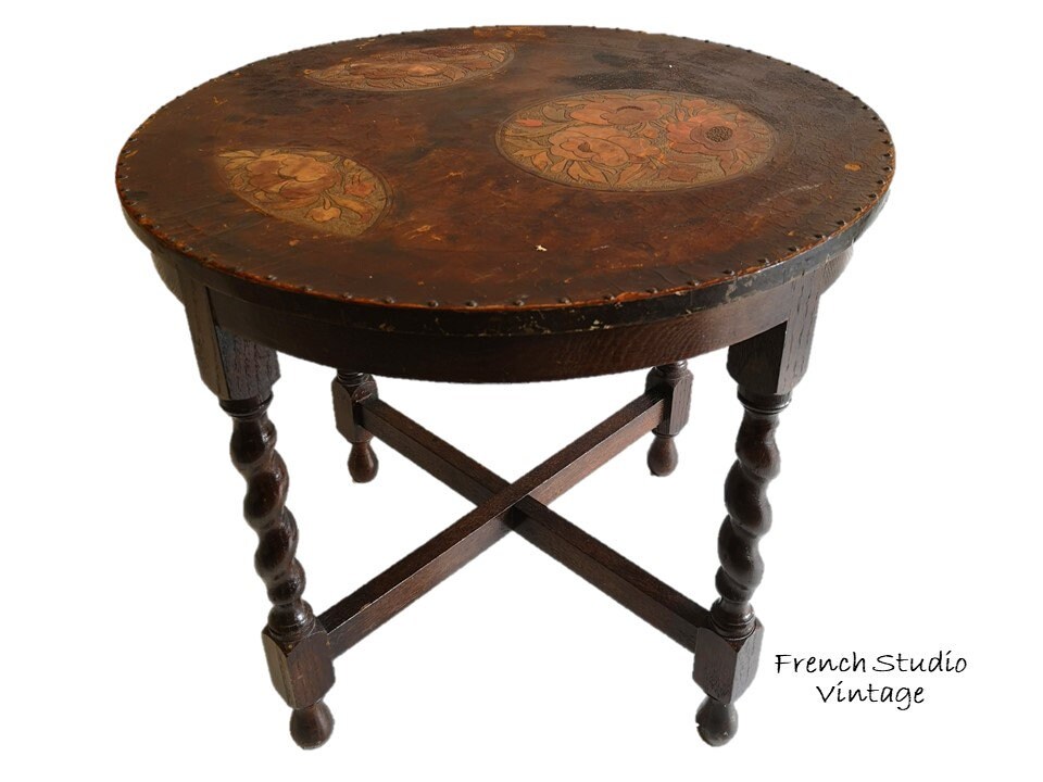 Vintage Français Wood Side Table Basse Cuir Top Sculpté Floral Style Inhabituel Design Home Decor Di