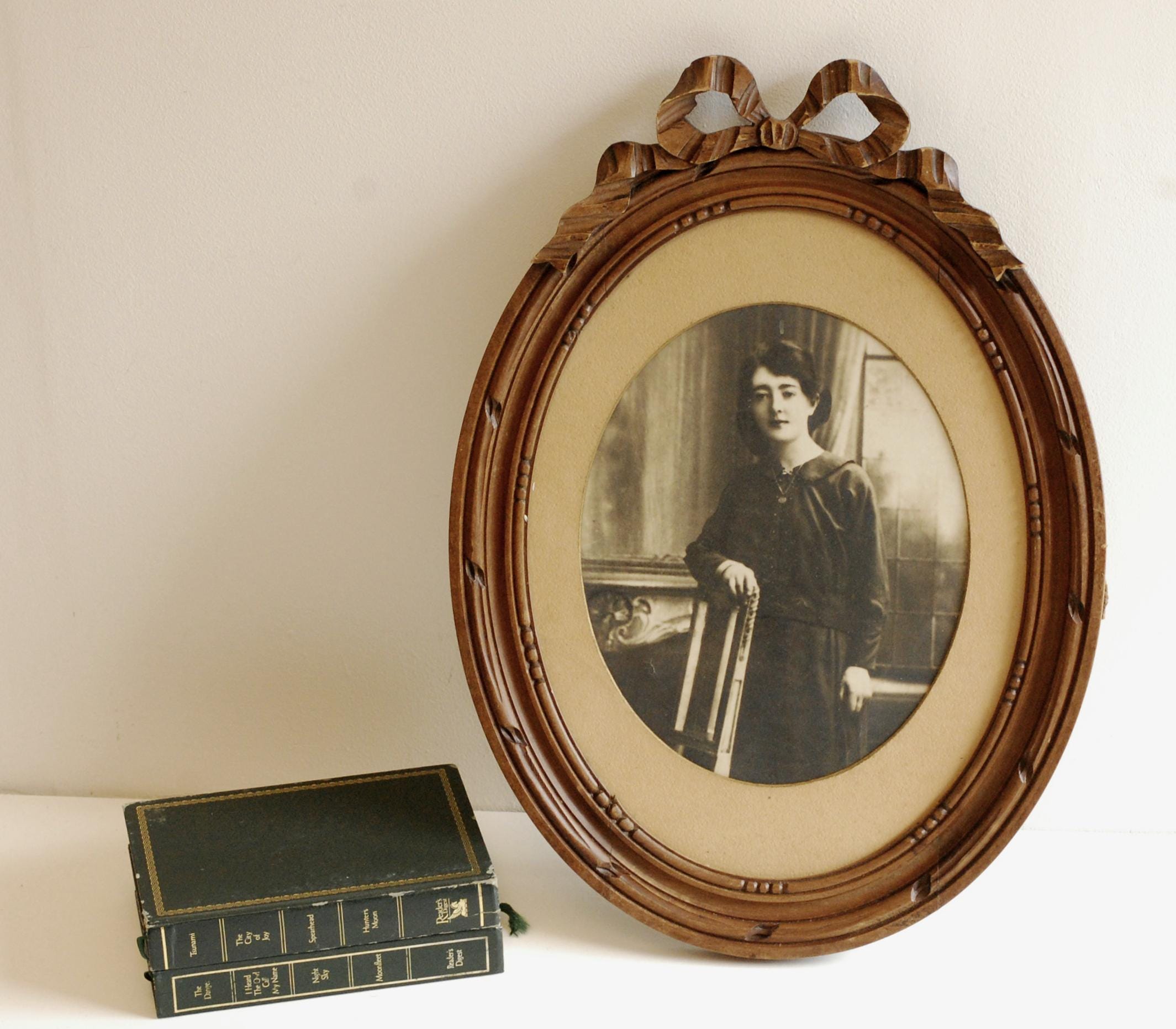 Antique French Oval Wood Picture Frame: Carved Bow, Lady Portrait