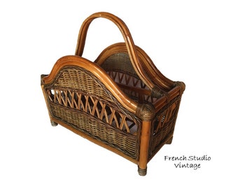 Vintage Bamboo Magazine Rack Book Newspaper Storage Bamboo Wicker Frame Mid Century Boho Furniture/French Studio Vintage