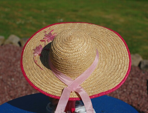 Vintage Straw Hat Wide Brimmed Woven Summer Hat W… - image 5