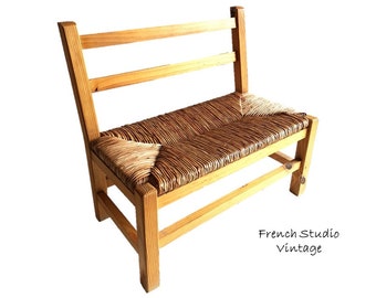 Vintage Franse houten kruk Kinderstoel Bank Plant Stand Rush Seat Kindermeubilair Home Decor Display / Franse Studio Vintage
