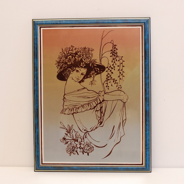 Vintage Picture Wood Frame Seated Woman Floral Hat Hand Cut Velour Art Elegant Art Nouveau Style Lady Display/ French Studio Vintage