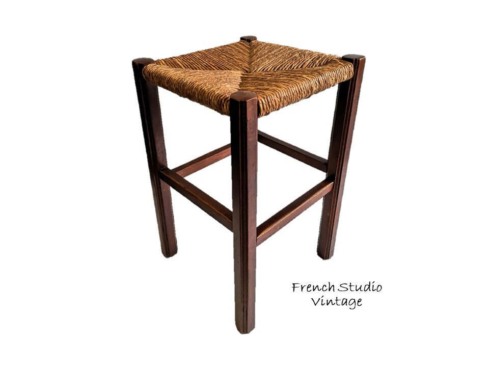 Vintage Français Chaise Tabouret en Bois avec Siège Paille Plant Stand Petite Table d'appoint Milieu