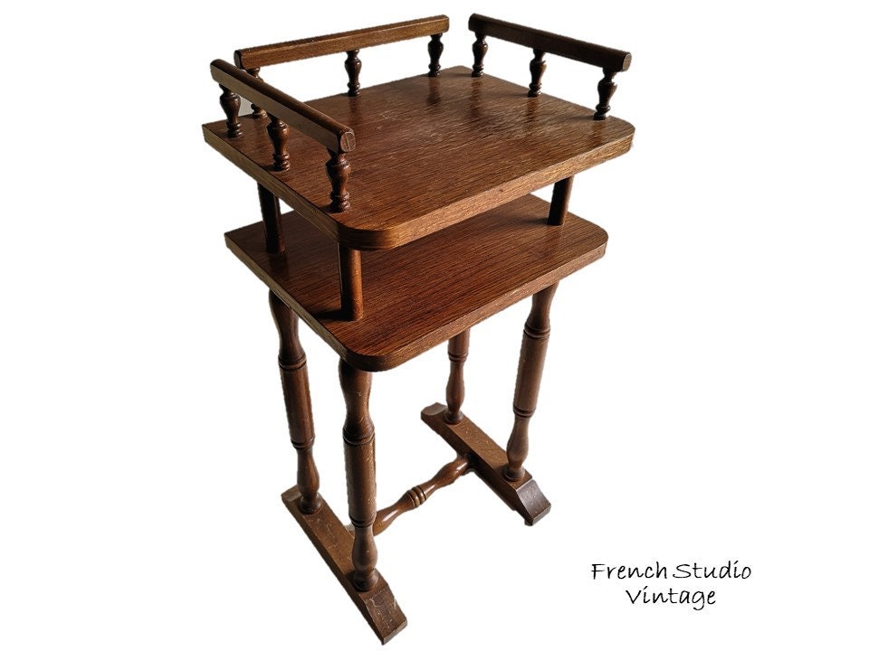 Vintage Français Table d'appoint en Bois 2 Niveaux Étagère Stand Milieu Siècle Téléphonique Salon Lo