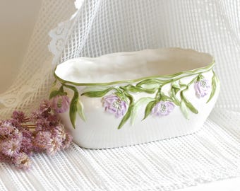 Vintage French Planter, Cache Pot, Ceramic Vase, Relief Flower Pattern