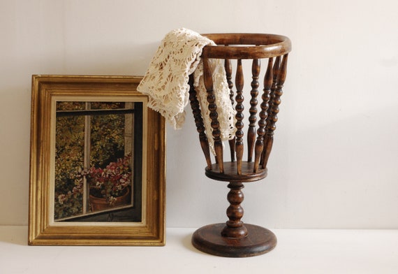 Vintage French Oak Wood Sewing Basket ,Storage Stand