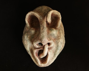 Vintage French Stoneware Face Sculpture: Handmade Studio Wall Mask
