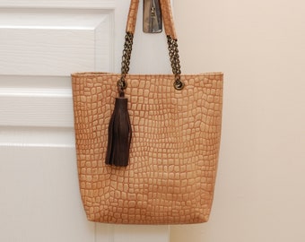 Bolso tote de piel francés vintage: bolso de hombro hecho a mano con asas de cadena.