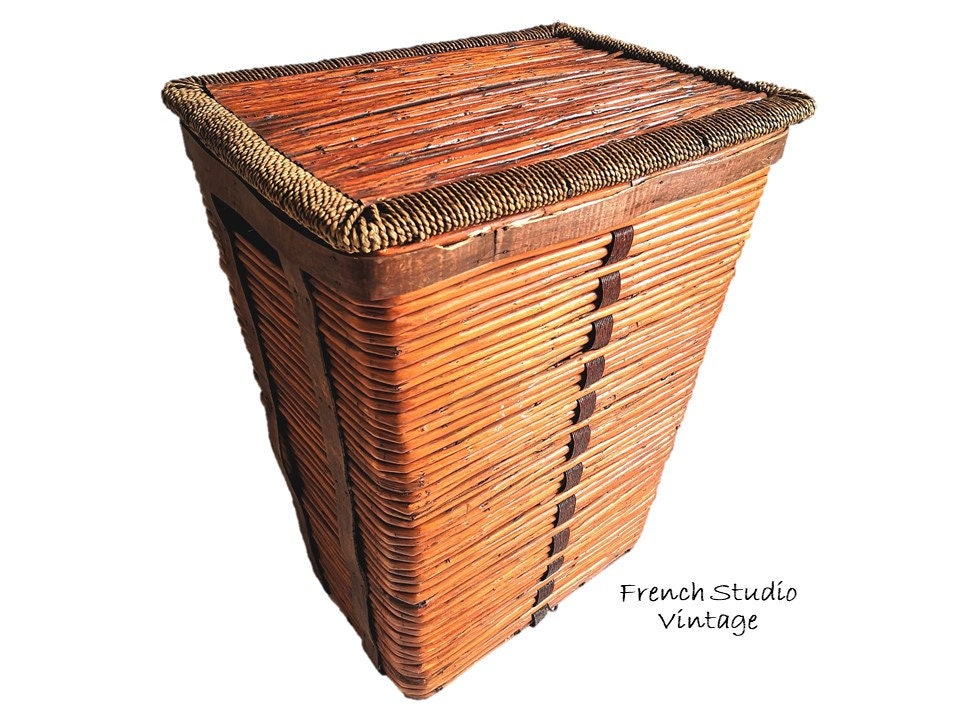 Panier à Linge Vintage avec Couvercle Grand Panier de Rangement en Osier Tissé La Main Français Écra