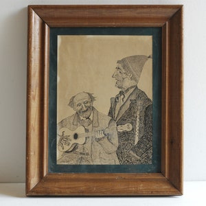 Vintage French Pencil Ink Drawing of Singer Signed By Artist Wood Frame Wall Art Decor/French studio vintage