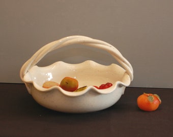Vintage French Ceramic Fruit Bowl ,Basket, with Twisted Handle