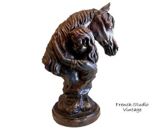 Vintage French Large Statue Figurine Cast Iron Horse With Little Girl Signed By Artist Painted Bronze French Art Ornaments Display Gift