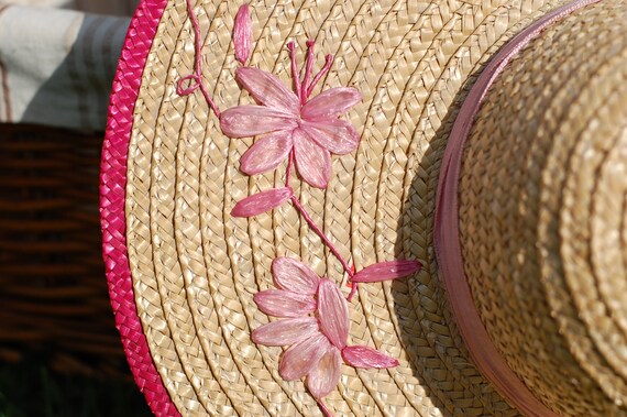 Vintage Straw Hat Wide Brimmed Woven Summer Hat W… - image 3