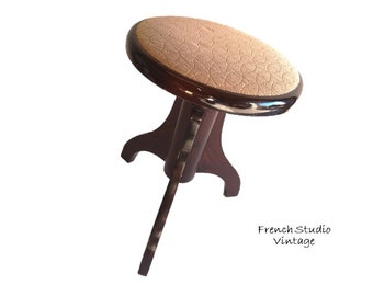 Vintage French Stool: Piano Chair,Adjustable Height, Mahogany Tripod Heavy Furniture