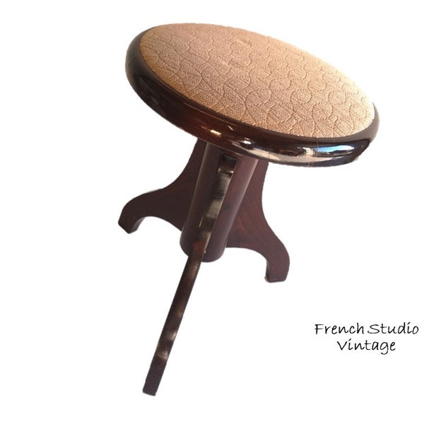 Tabouret de piano français vintage, chaise réglable, tabouret trépied, siège en tissu rembourré, meubles en bois naturel lourd, décoration d'intérieur/studio français vintage