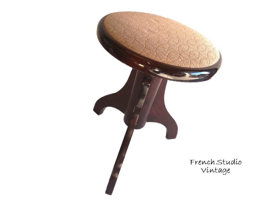 Tabouret Vintage Français Chaise De Piano, Hauteur Réglable, Trépied En Acajou, Meuble Lourd