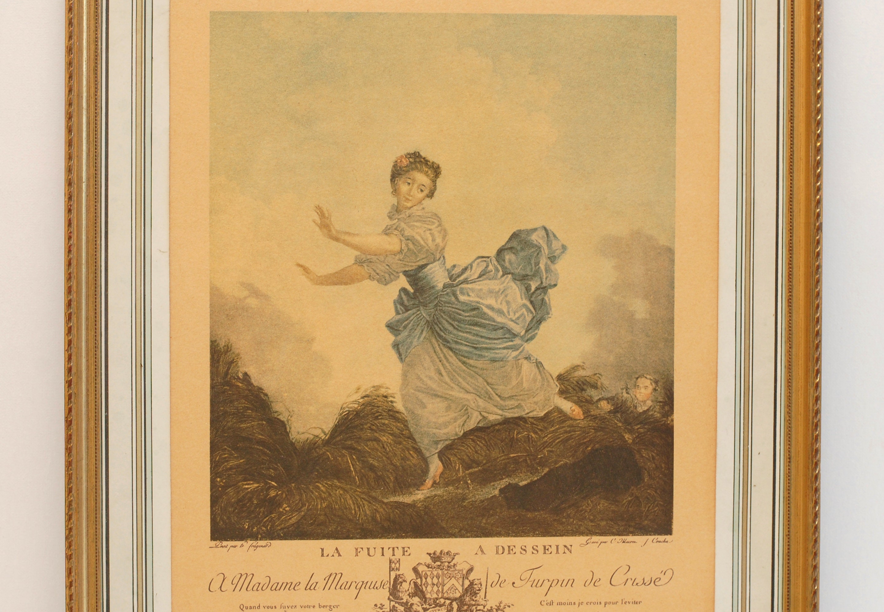 Vintage Français La Fuite A Dessein Print Paris Grand Cadre en Bois Doré Art Heritage Decor/ Studio