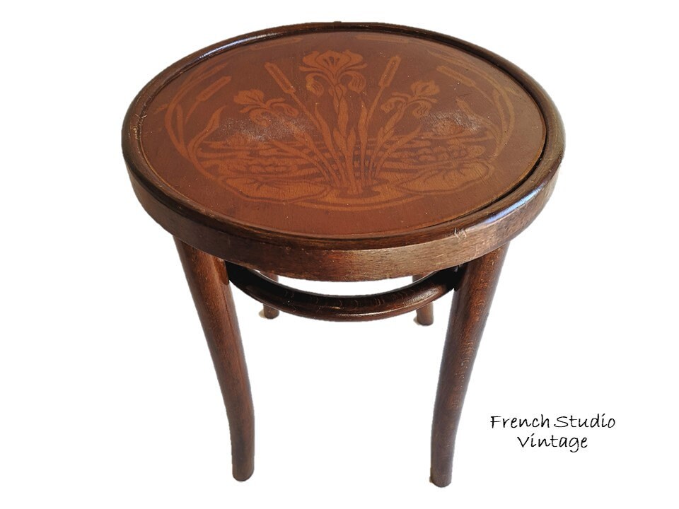 Vintage Français Tabouret en Bois Plié Chaise Sculpté Top Plant Stand Mid Century Meubles Home Decor
