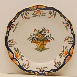 Plato francés vintage de loza de Rouen, hecho a mano, plato firmado por el artista, plato de exhibición coleccionable/estudio francés vintage