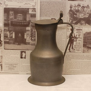 Antique French Pewter Pitcher Serving Jug  Wine Water Container with Lid French Kitchen Decor/ French Studio Vintage